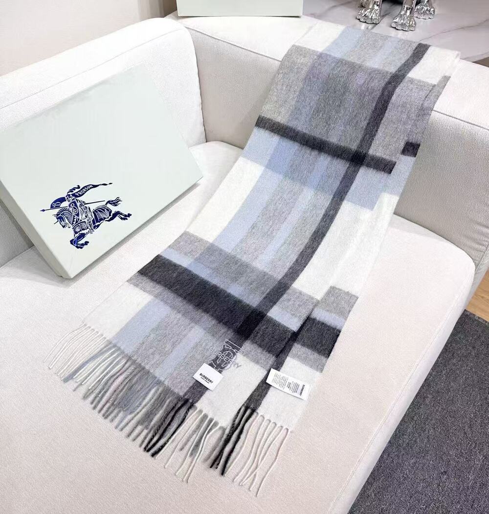 Burberry Blue Grey Plaid Check Fringe Scarf